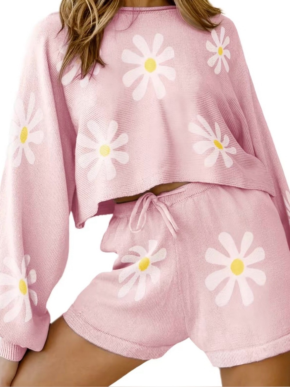 Pink lounge short set with white & yellow flowers. NWT